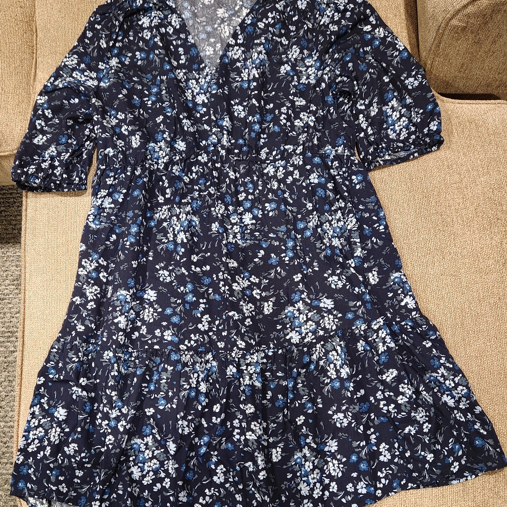 Peasant Style Floral Navy Blue Dress